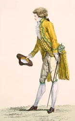 Um jovem vestindo uma jaqueta bordada e um colete, gravado por Le Beau, placa no.253 de &39;Galeries des Modes et Costumes Francais&39;, c.1778-87 99: vestuário; vestido tradicional